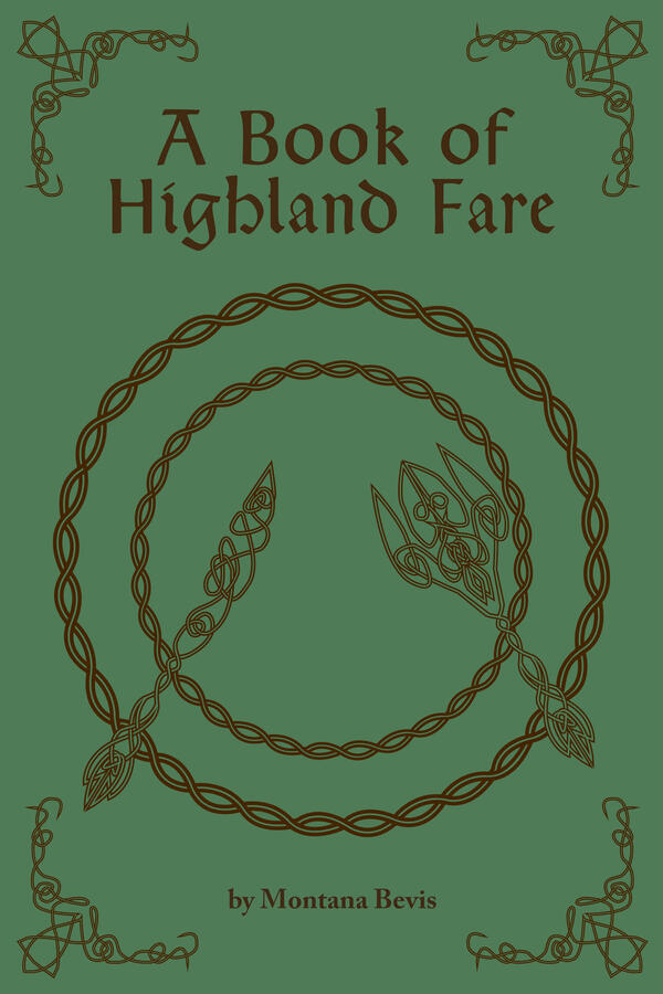 A Book of Highland Fare cookbook cover featuring Celtic knotwork decorative elements on a forest green background.