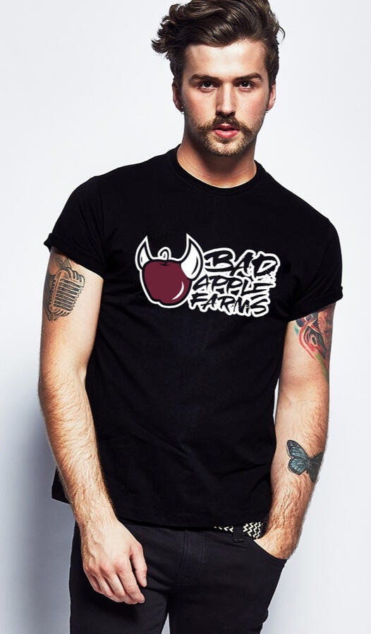 Bad Apple Farms logo printed on a t-shirt mockup.