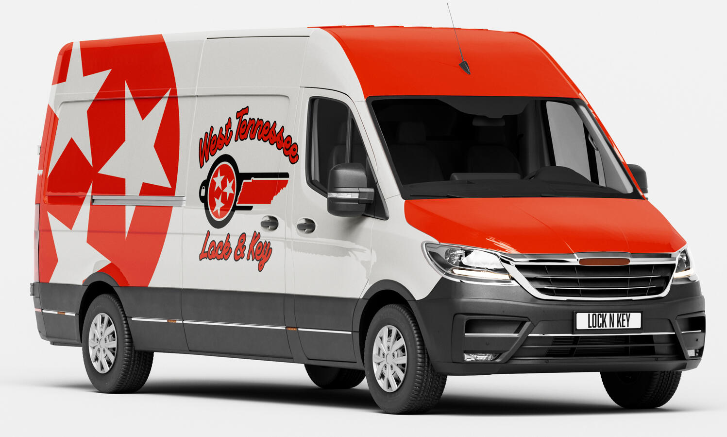 West Tennessee Lock and Key logo applied to a vehicle wrap mockup showing the branding in use.