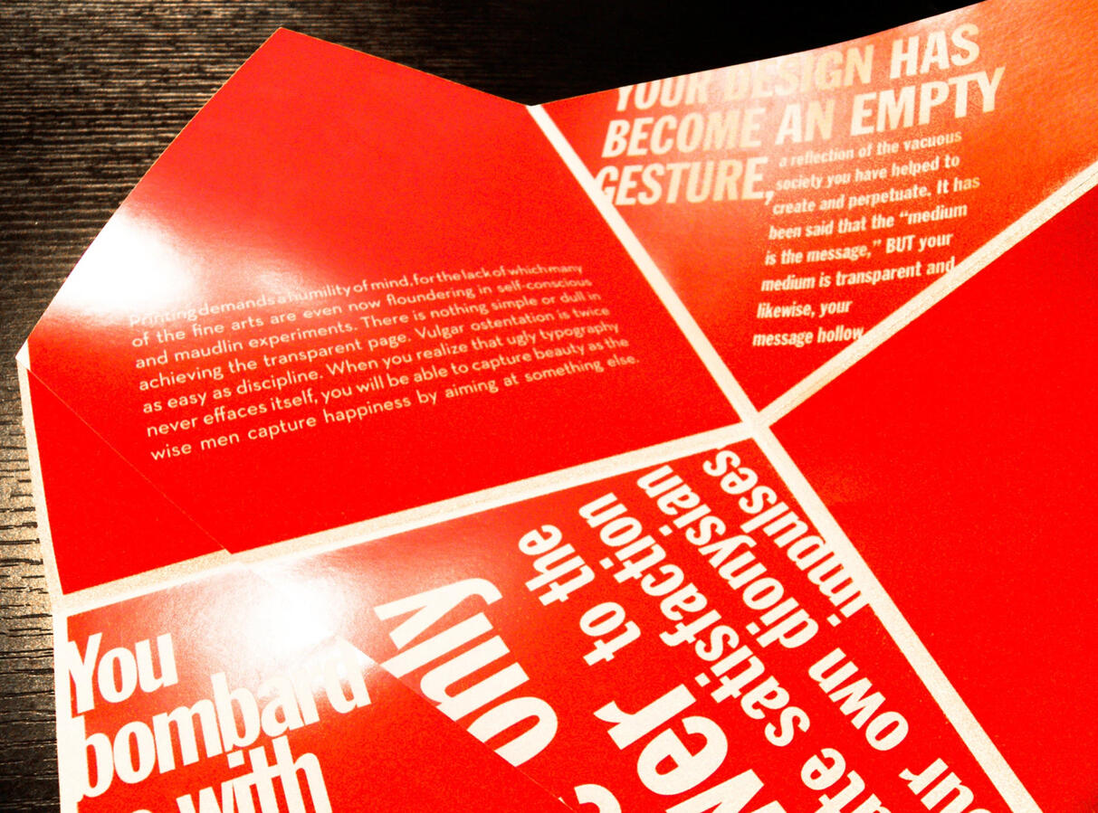 A Crystal Goblet pamphlet fully unfolded showing competing typographic hierarchies and text panels including inverted type.