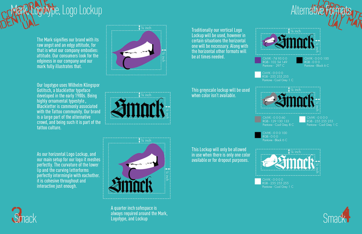 Smack Brand Guide spread showing logo lockup variations, alternative formats, and color specifications.