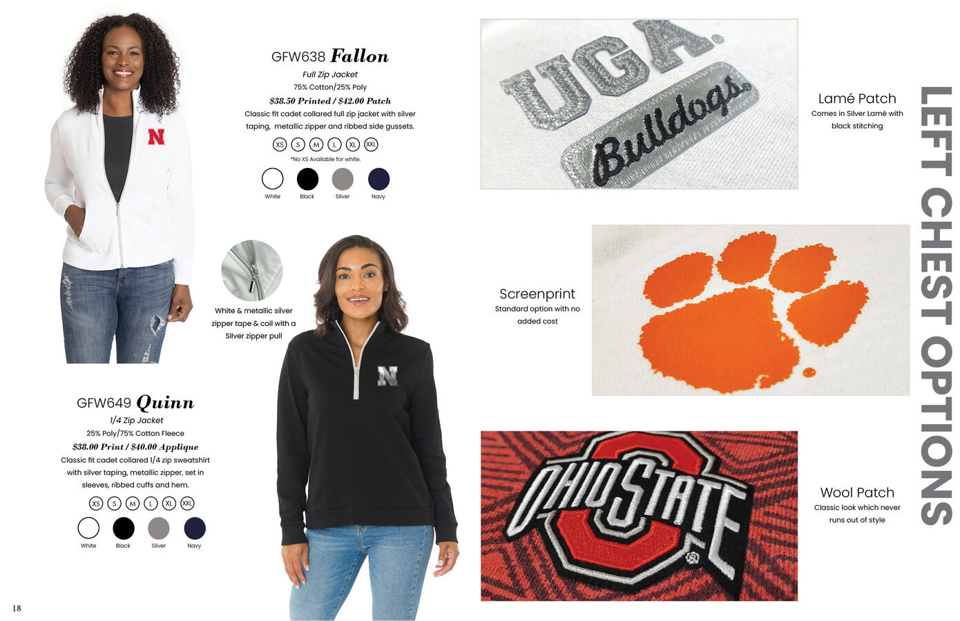 Flying Colors Apparel catalog spread showing zip jacket styles and left chest decoration options.