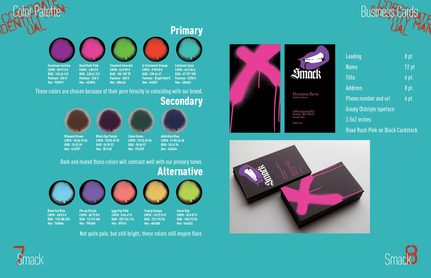 Smack Brand Guide spread showing full color palette with CMYK values and business card designs.