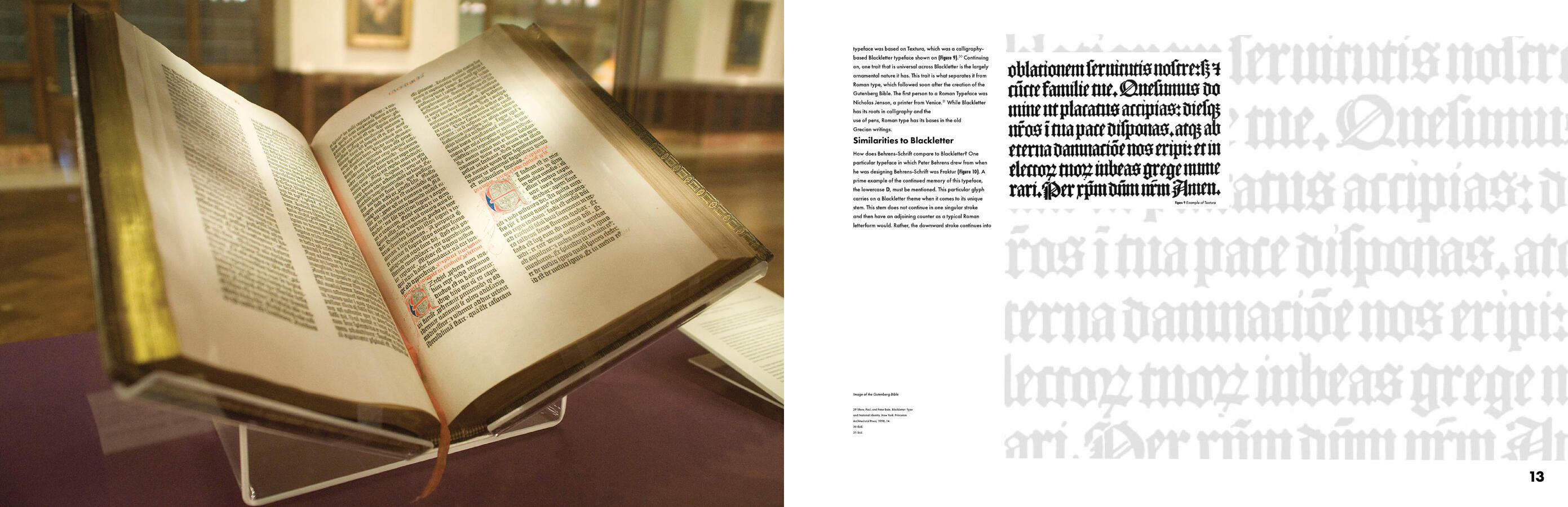 Behrens-Schrift publication spread with Gutenberg Bible photograph and blackletter type specimens.