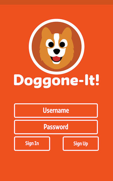 Doggone-It app login screen mockup showing username, password, and sign in fields.